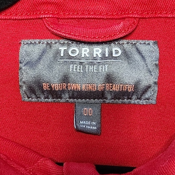 Torrid Ruby Red Trucker Denim Jacket Size 00X - Picture 7 of 10